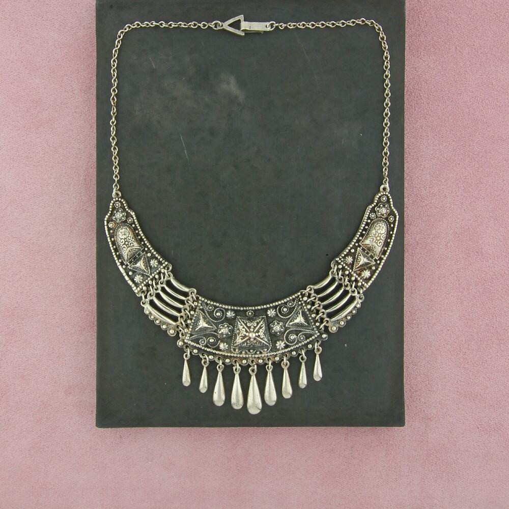 mexico sterling silver vintage scroll fringe bib necklace 18in